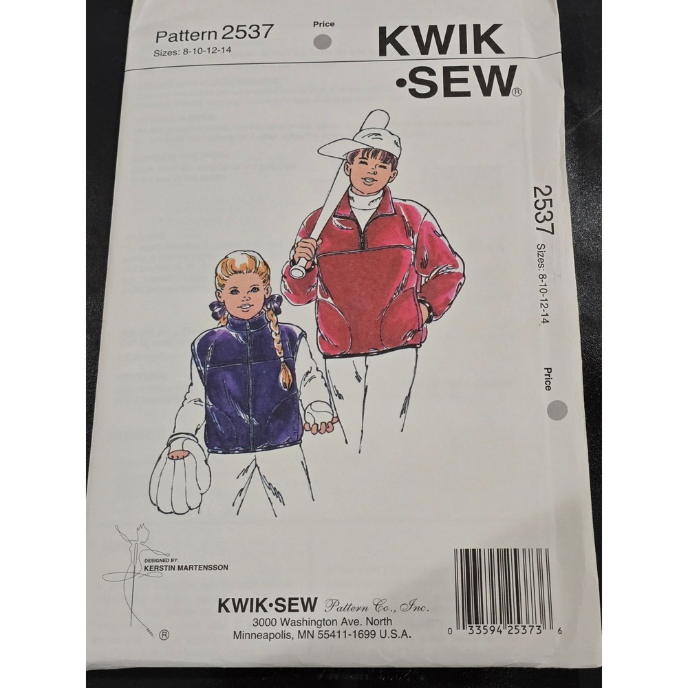 Kwik Sew 2537 Boys Girls Vest Jacket Sewing Pattern Size 8 10 12 14 Fleece Zip